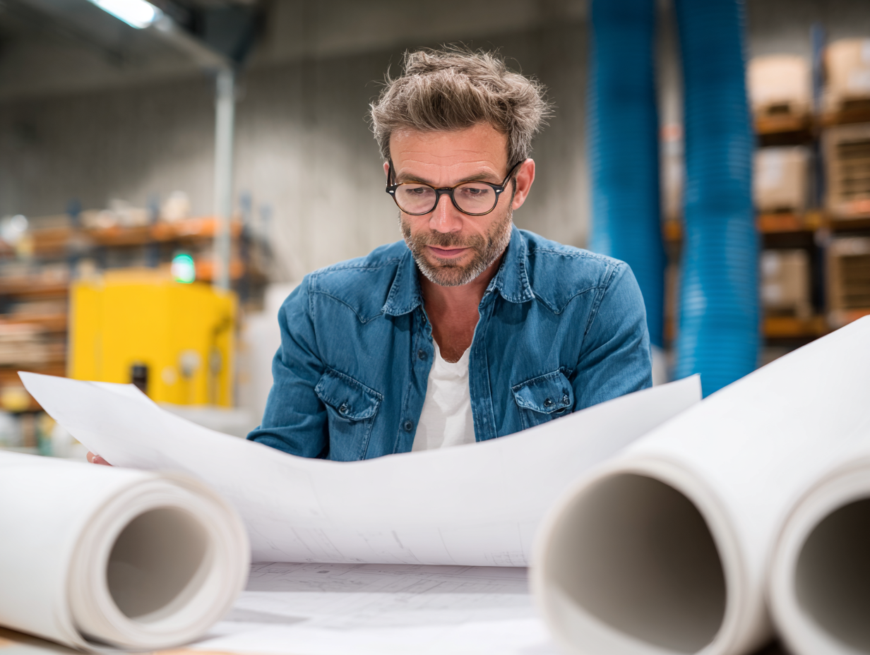Man reviewing large architectural blueprints in a workshop